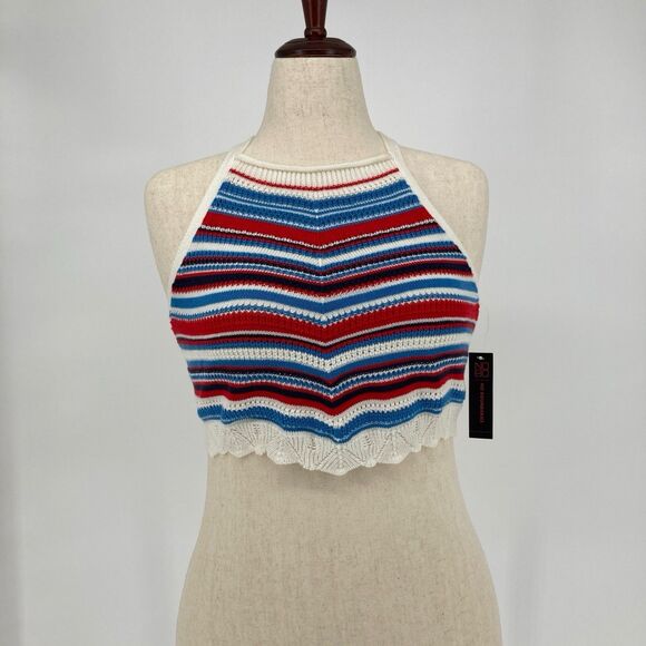 No Boundaries Tops - No Boundaries Striped Crochet Halter Crop Top Red White Blue Size Large NWT
